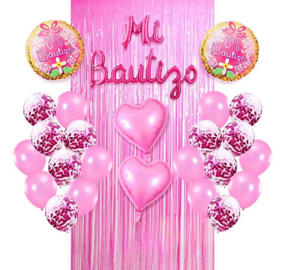 Decoración con globos y cortina rosa 1