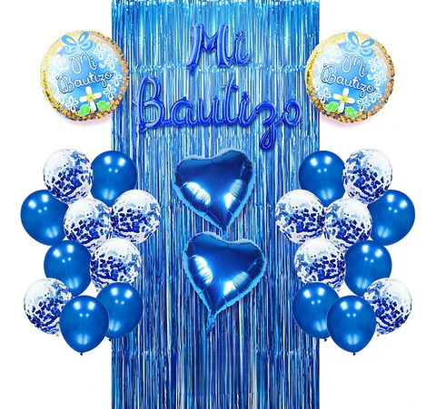 Decoración con globos y cortina celeste