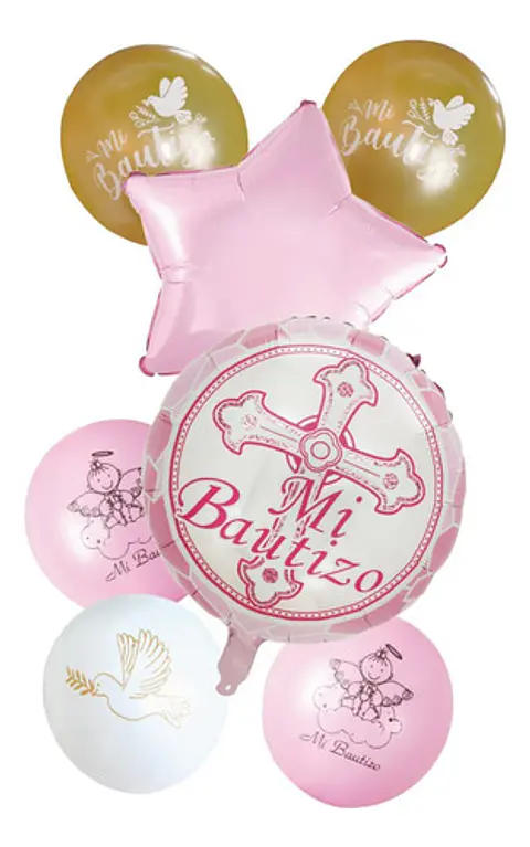 Set globos de bautizo rosa celeste