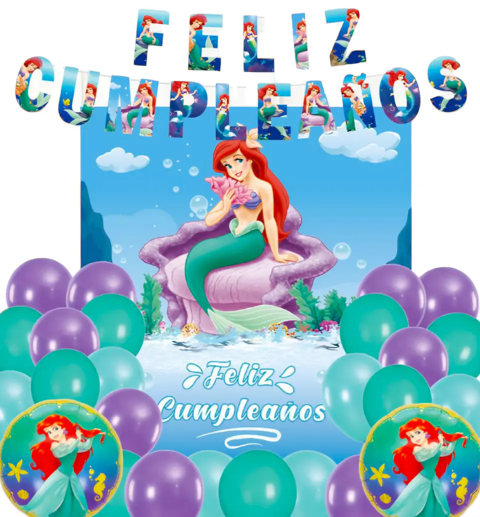 Pack Decorativo con Guirnalda, Fondo y Globos de Ariel 1