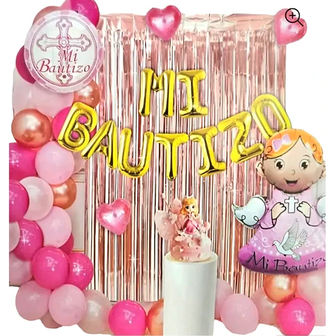 Decoración de bautizo con globos rosa