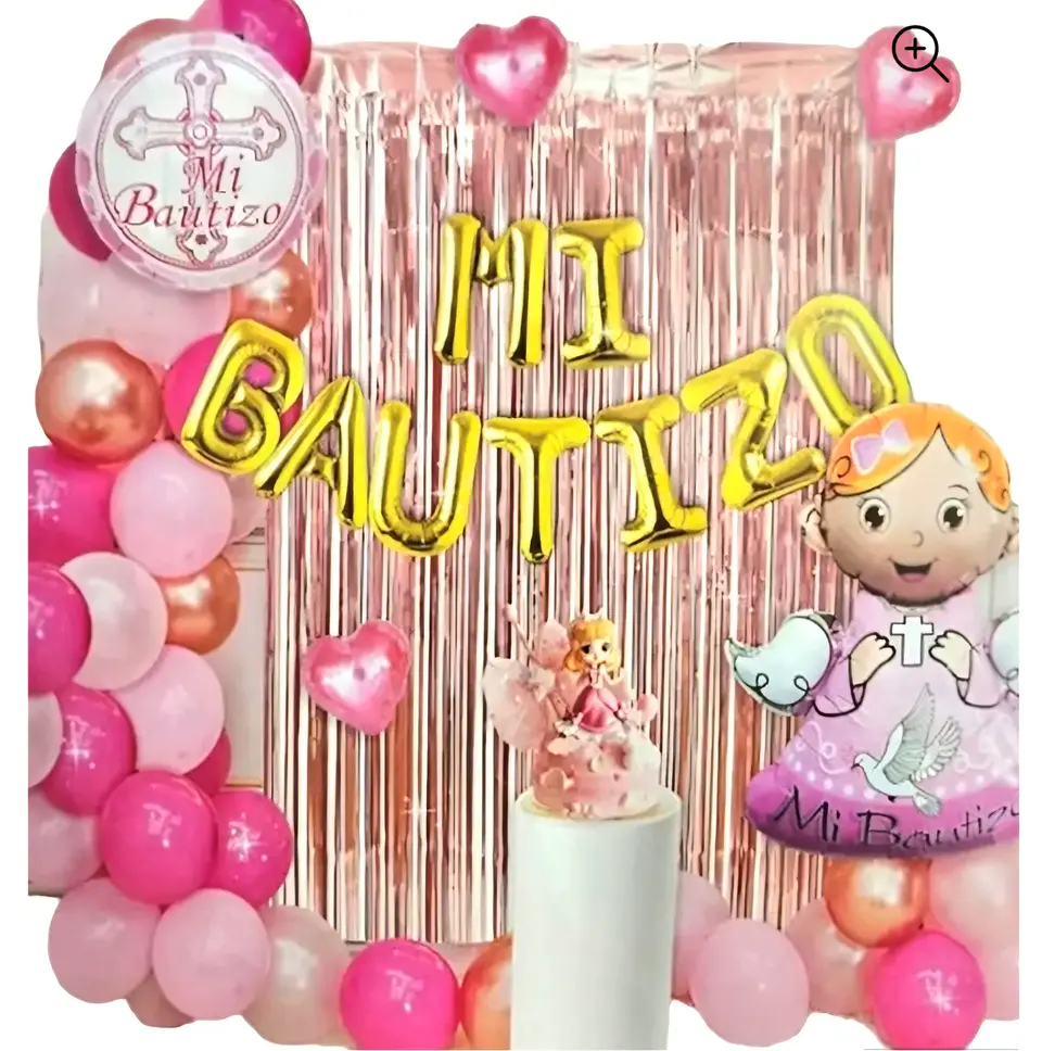 Decoración de bautizo con globos rosa 1