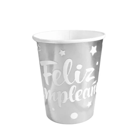 Vasos feliz cumpleaños plateado x6