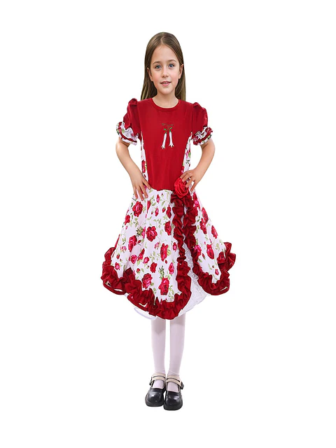 Vestido huasa chinita floreado burdeo blanco infantil 