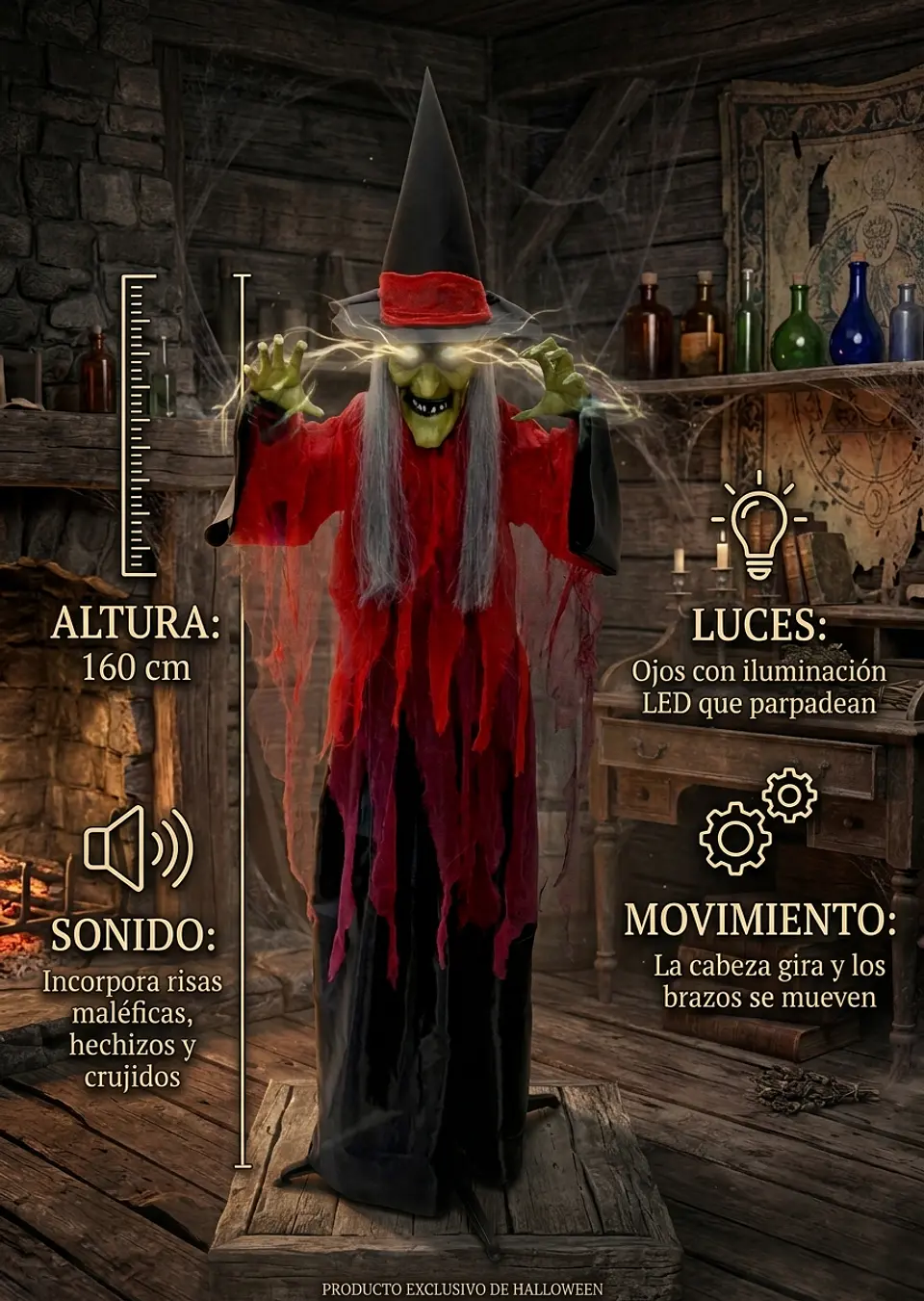 Bruja animatronic Halloween 160 cm 3