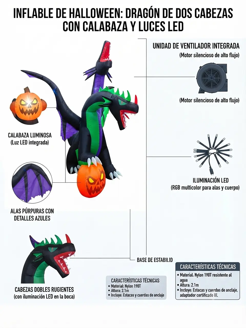 Dragón 2 cabezas inflable 210 cm 3