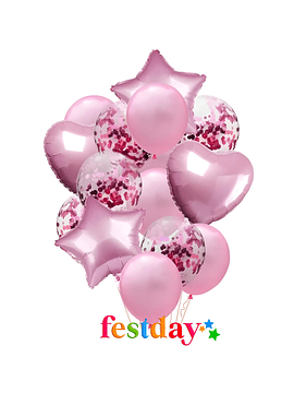 Decoración Globo Corazón/ Estrella Rosado (14 Pzs.)