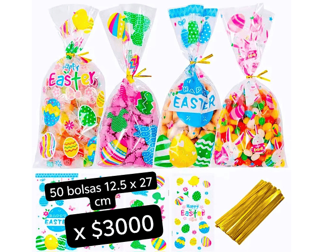 Pack 50 Bolsas celofán conejito + amarras