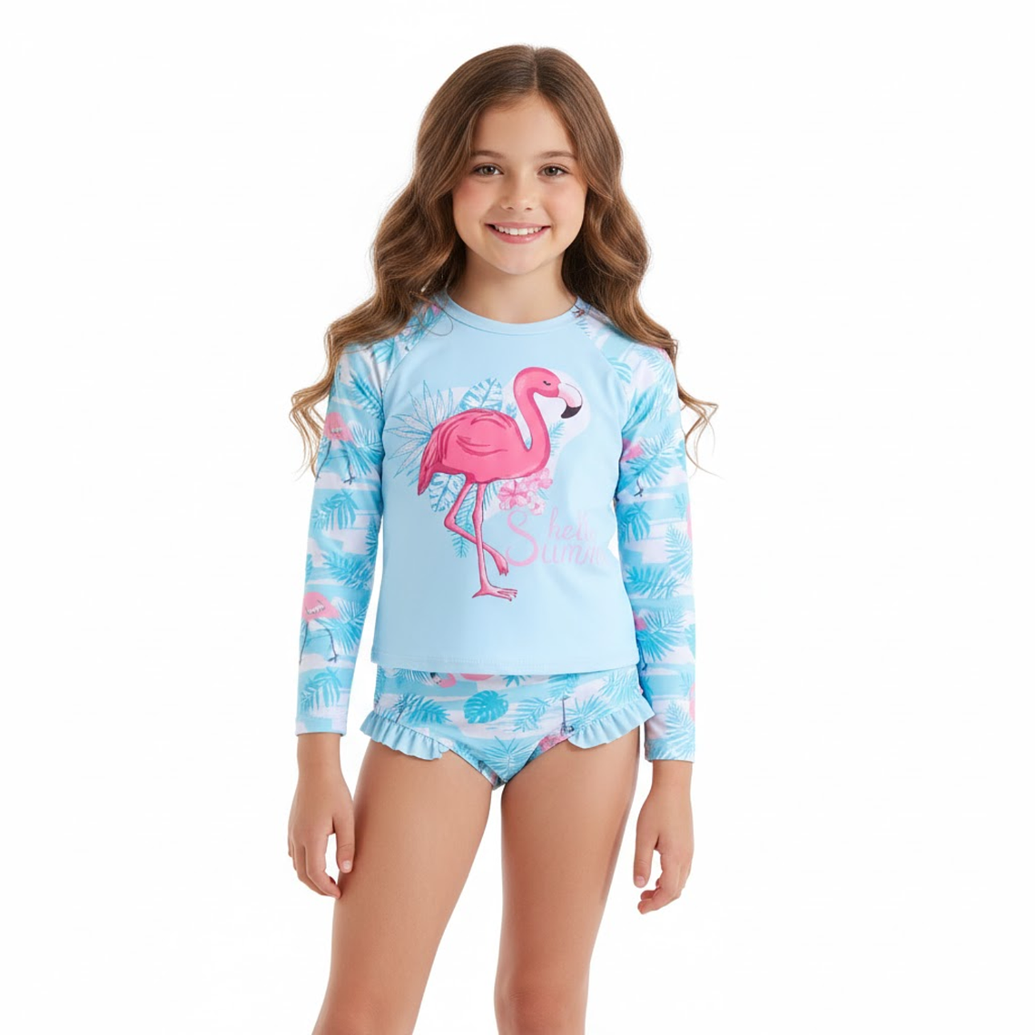 Traje de baño de dos piezas para niña con flamenco y protección UV 2