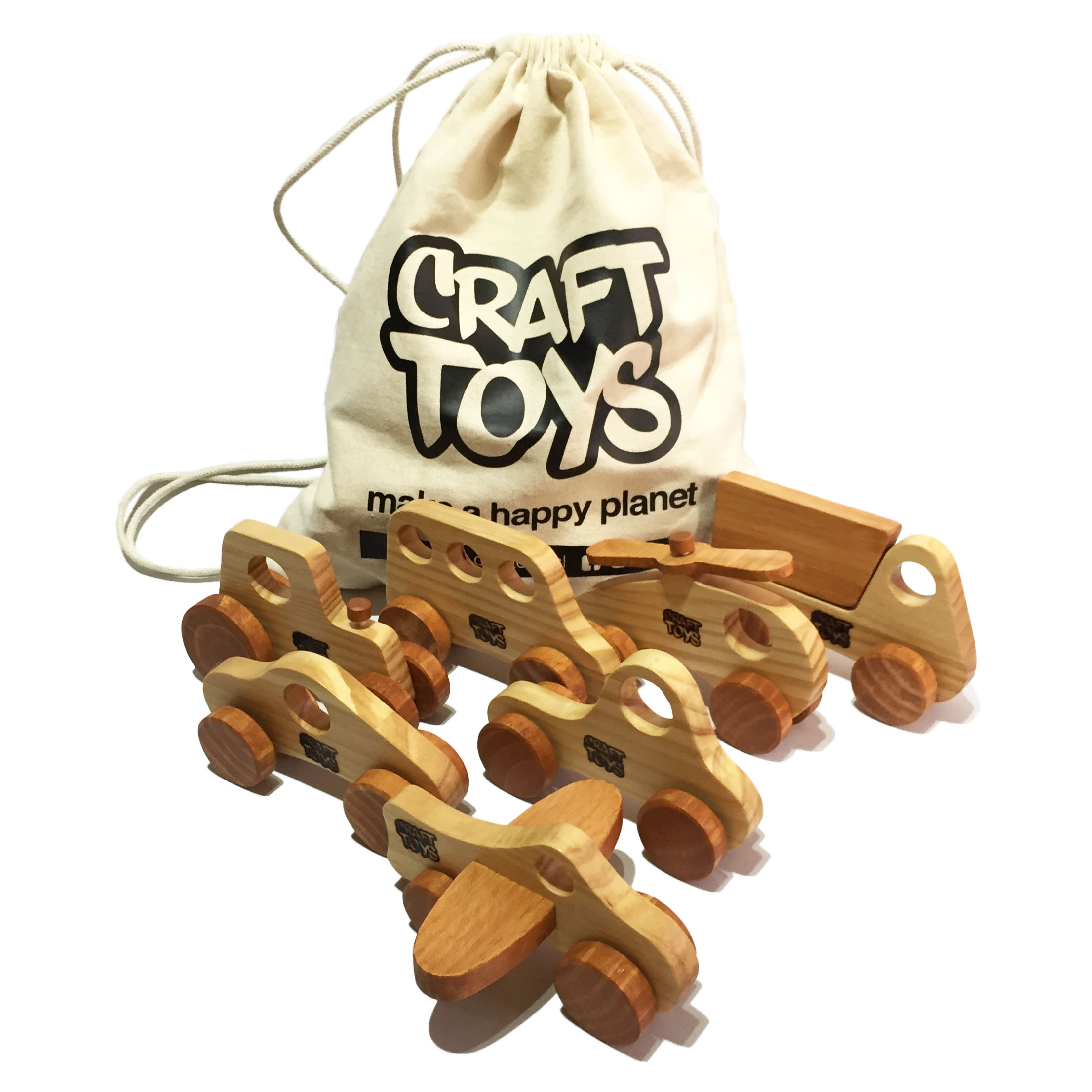 Set 7 Transportes CRAFTTOYS Natural más Mochila Saco