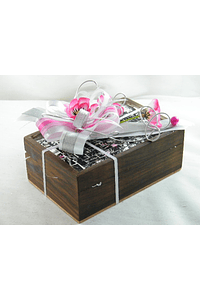 C15706 - Lembrança Padrinhos - Caixa madeira com ladrilhado decorada em rosa