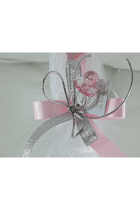 C15253 - Vela no tule decorada em rosa com biberão e chupeta