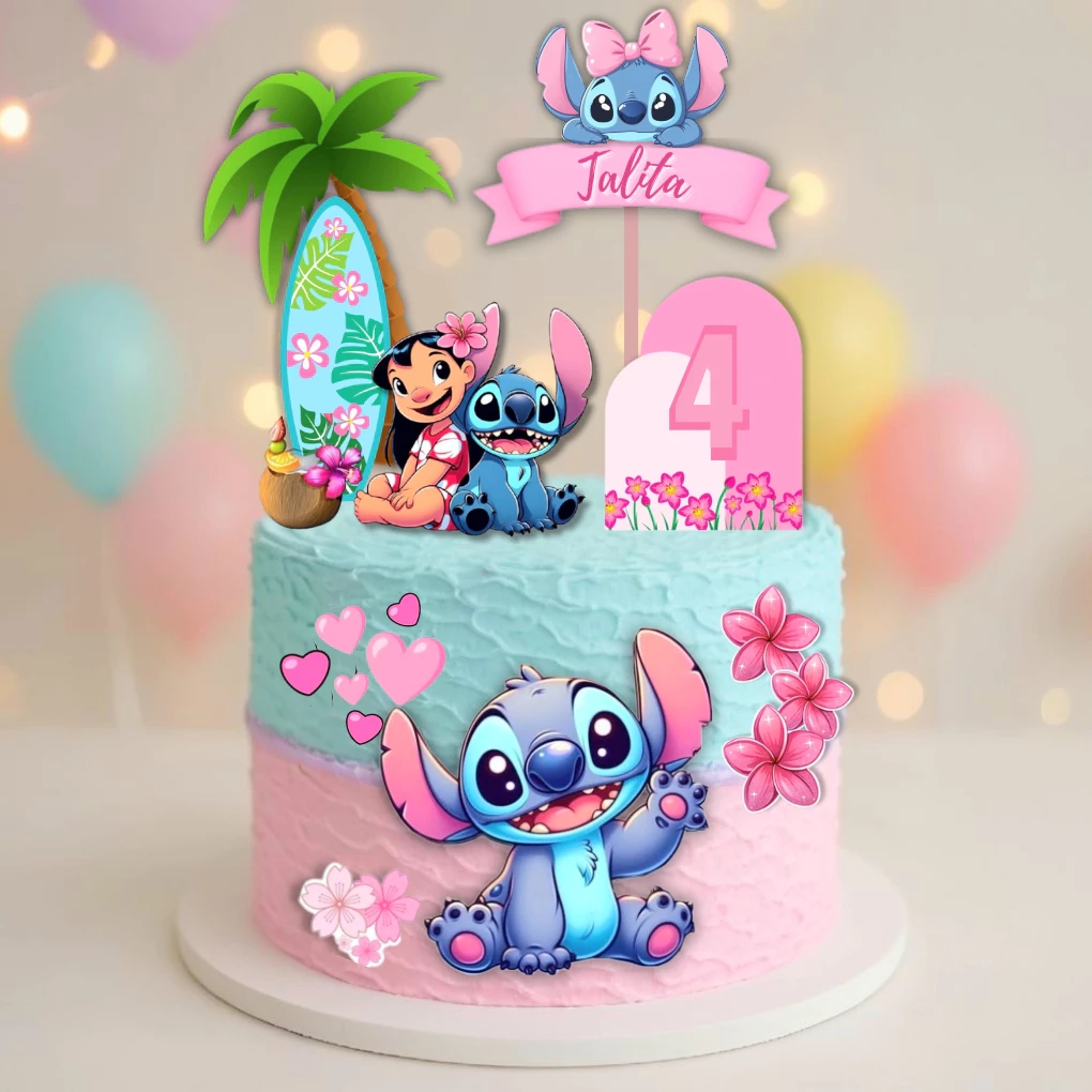 Topo de bolo lilo stitch  flores tropical  1