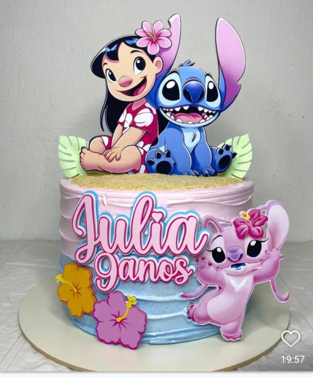 topo de bolo lilo stitch  flores  jardim 1