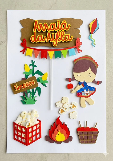 Topo de bolo festa junina menina com maça