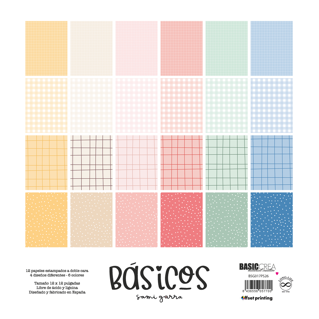 Básicos-12 Papeles 30,5x30,5 cm estampados a doble cara 4 diseños diferentes-6 colores 1