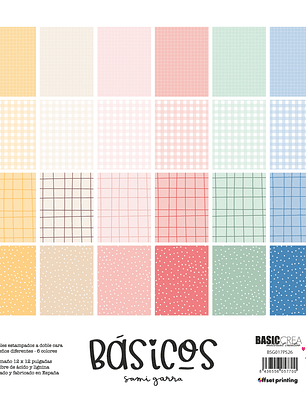 Básicos-12 Papeles 30,5x30,5 cm estampados a doble cara 4 diseños diferentes-6 colores
