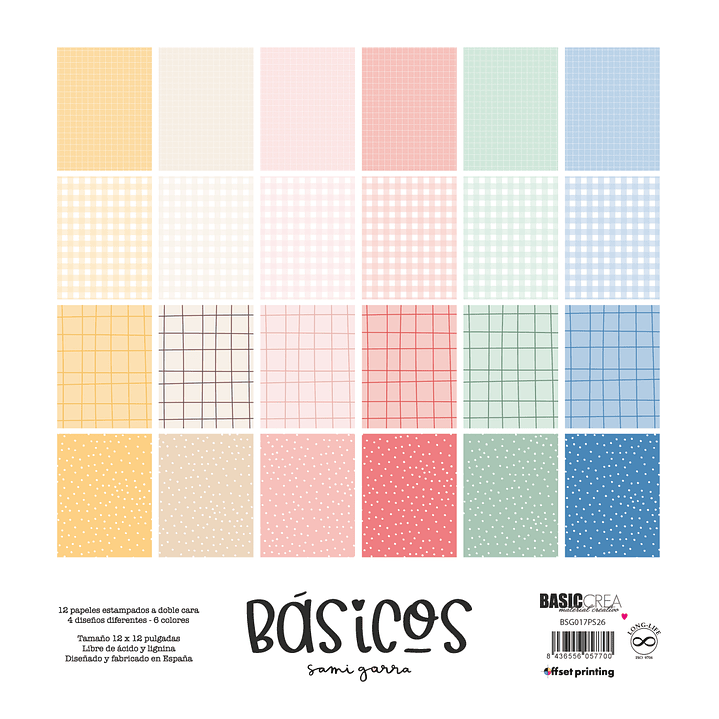 Básicos-12 Papeles 30,5x30,5 cm estampados a doble cara 4 diseños diferentes-6 colores 1