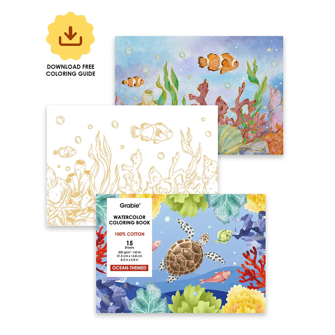 LIBRO PARA COLOREAR DE ACUARELA CON TEMÁTICA OCEÁNICA (15 HOJAS 300 GSM) 1