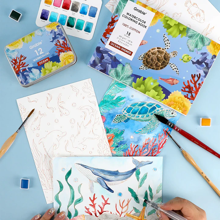 LIBRO PARA COLOREAR DE ACUARELA CON TEMÁTICA OCEÁNICA (15 HOJAS 300 GSM) 3