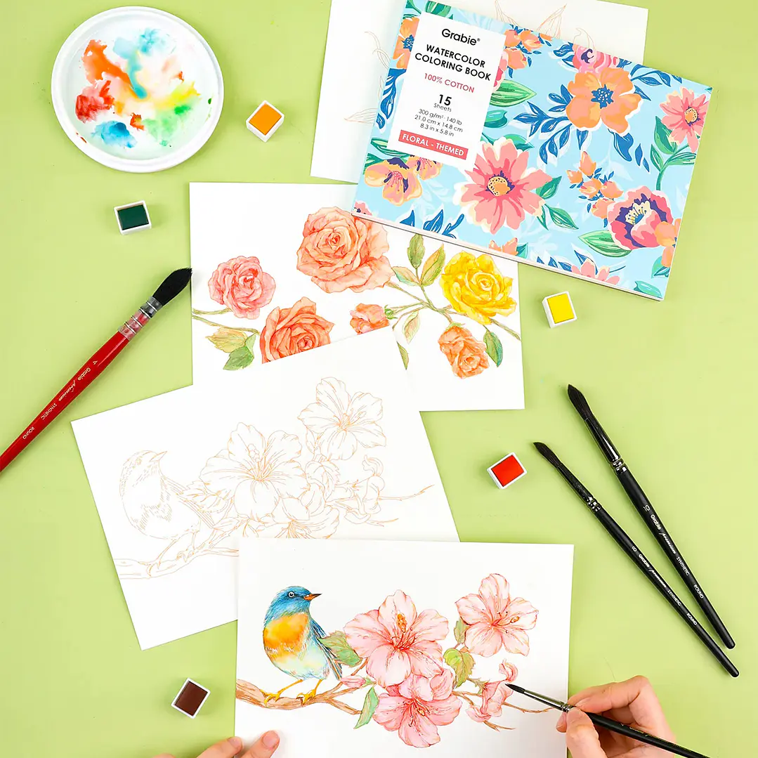 LIBRO PARA COLOREAR DE ACUARELA CON TEMÁTICA FLORAL (15 HOJAS 300 GSM) 3