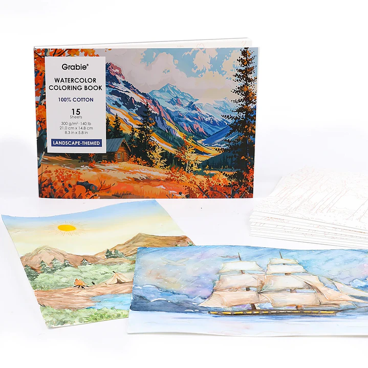 LIBRO PARA COLOREAR DE ACUARELA CON TEMÁTICA DE PAISAJES (15 HOJAS 300 GSM) 1
