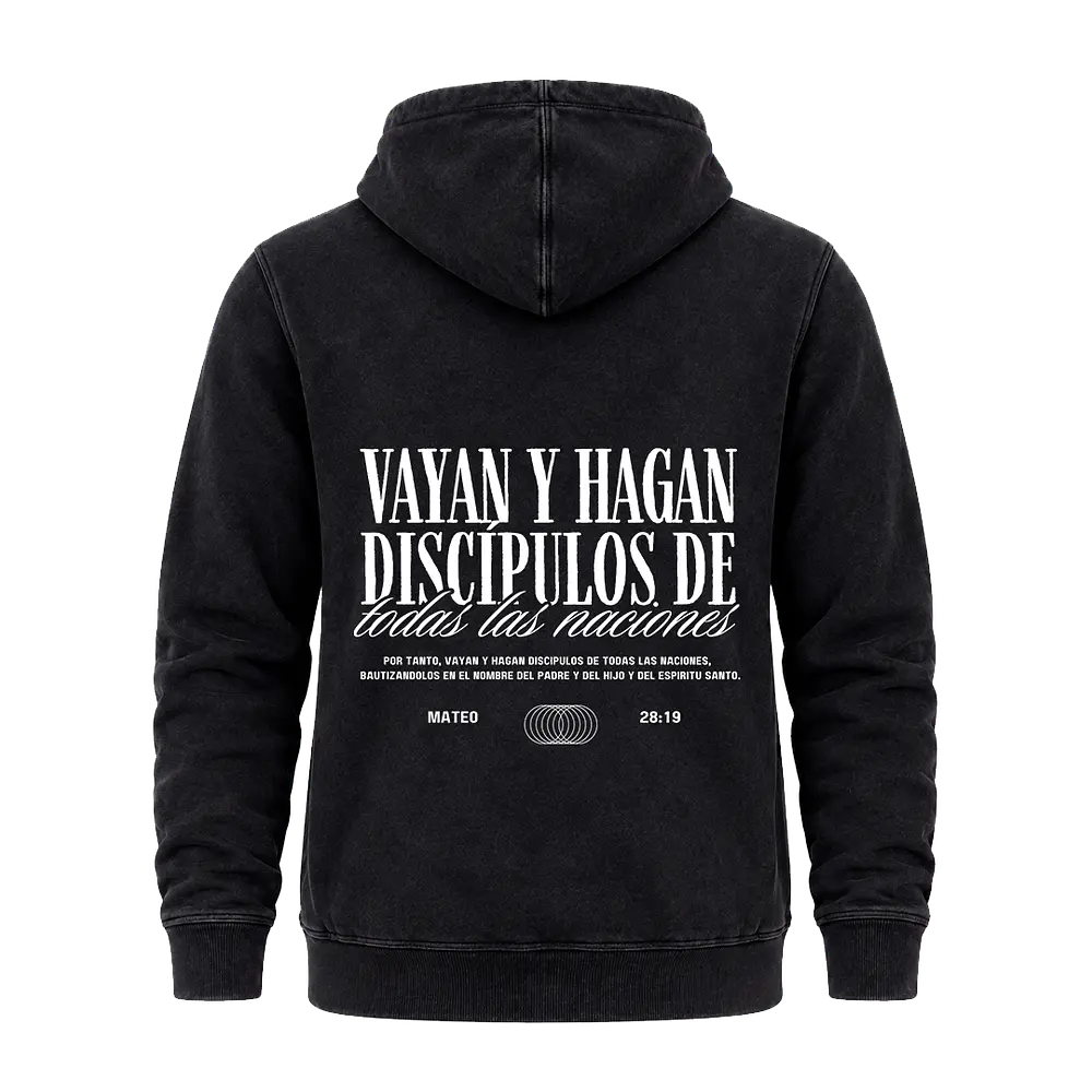 Polerón Canguro Acid Wash - "Vallan Y Hagan Discípulos de Todas las Naciones" (Variedad de Colores)