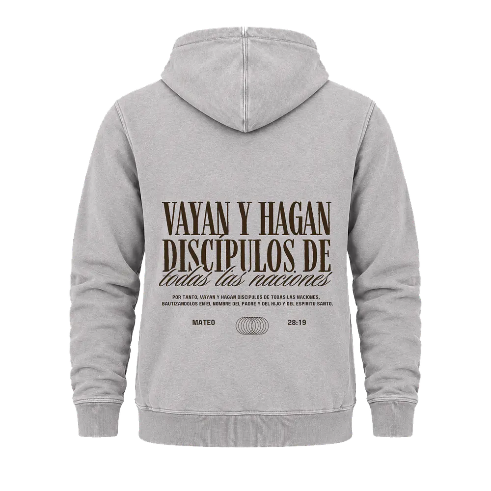 Polerón Canguro Acid Wash - "Vallan Y Hagan Discípulos de Todas las Naciones" (Variedad de Colores)