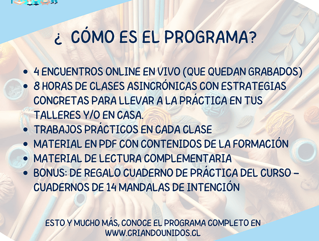 ﻿FACILITADORES DE ESTRATEGIAS CREATIVAS A TRAVÉS DEL ARTE HOLÍSTICO  22 HRS. (INICIO 11 DE NOVIEMBRE 24)