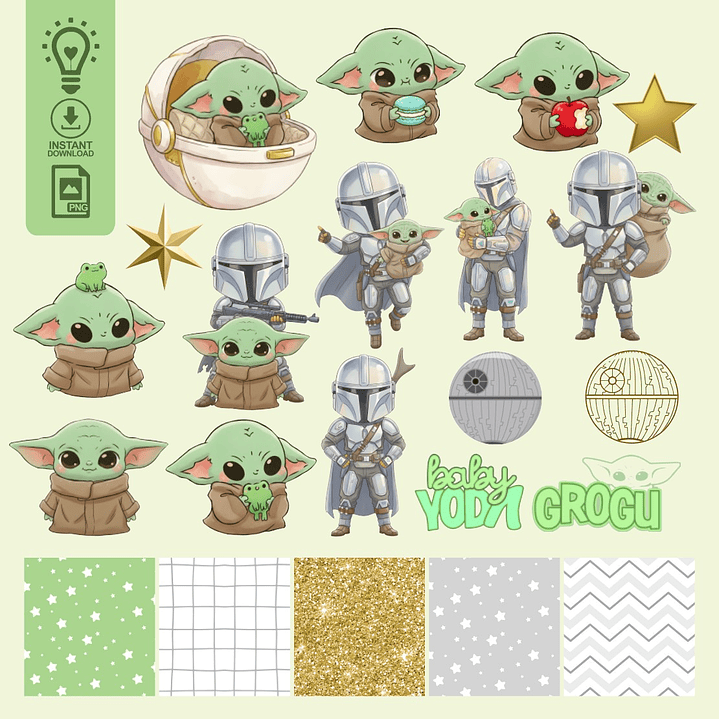 KIT DIGITAL GROGU BABY, BABY YODA E MADALORIAN (PNG) 1