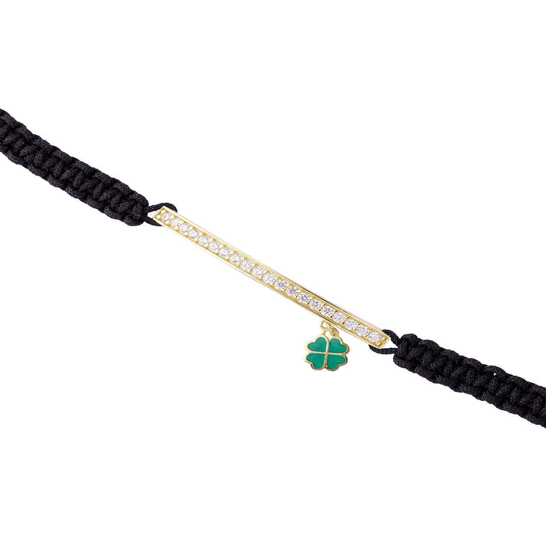 Pulsera Plata Esterlina 925 Hilo Negro Trebol Revestido en Oro 18kt 1