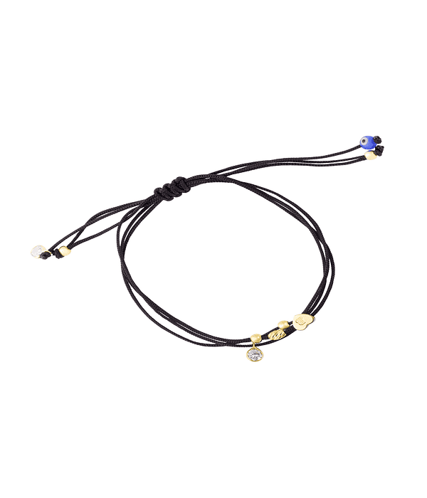 Pulsera de Plata Esterlina 925 Hilo Negro Corazon Ojo Bañado en Oro 18kt