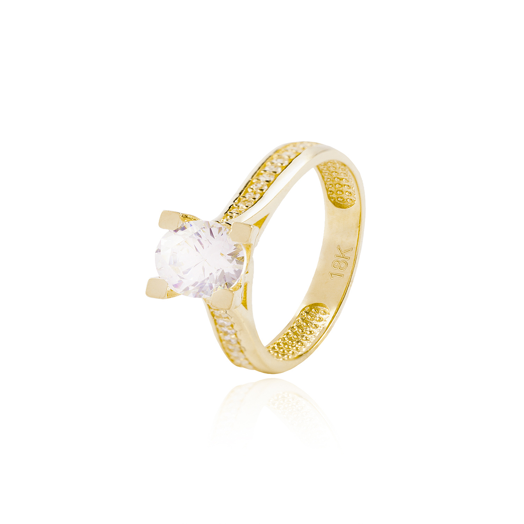 Anillo Compromiso de Oro 18Kt Solitario 6mm Circón 1/2 cintillo lateral 1