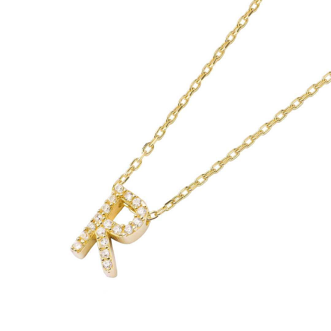 Collar de Plata Esterlina 925 Letra R Circon Revestido en Oro 18kt 1