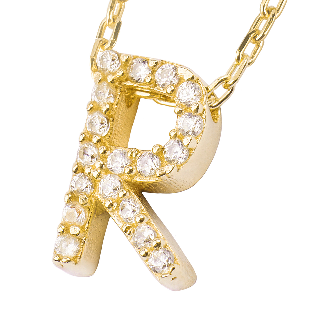 Collar de Plata Esterlina 925 Letra R Circon Revestido en Oro 18kt 2