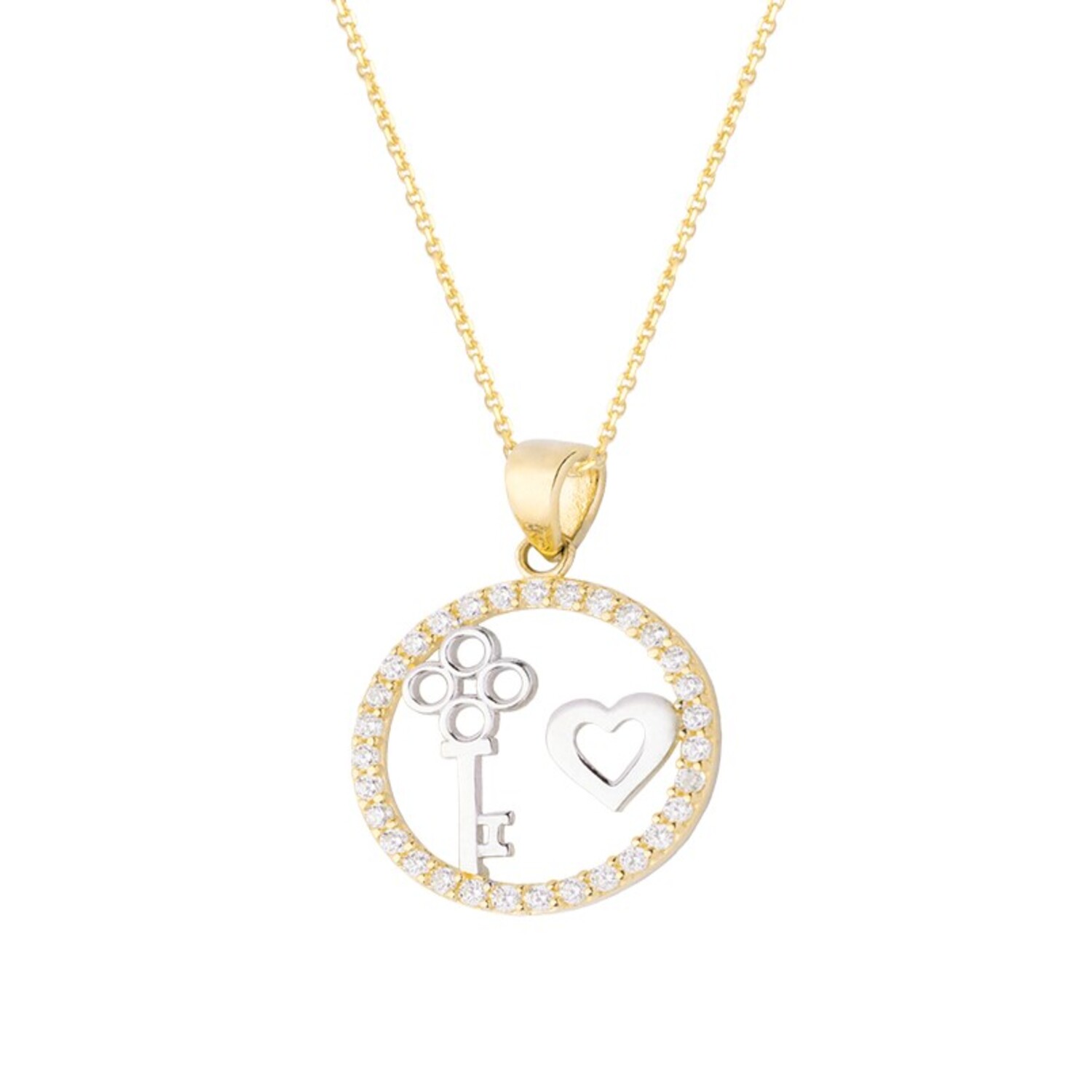 Colgante de Oro 18kt Bicolor Corazón Llave con Circonita 3