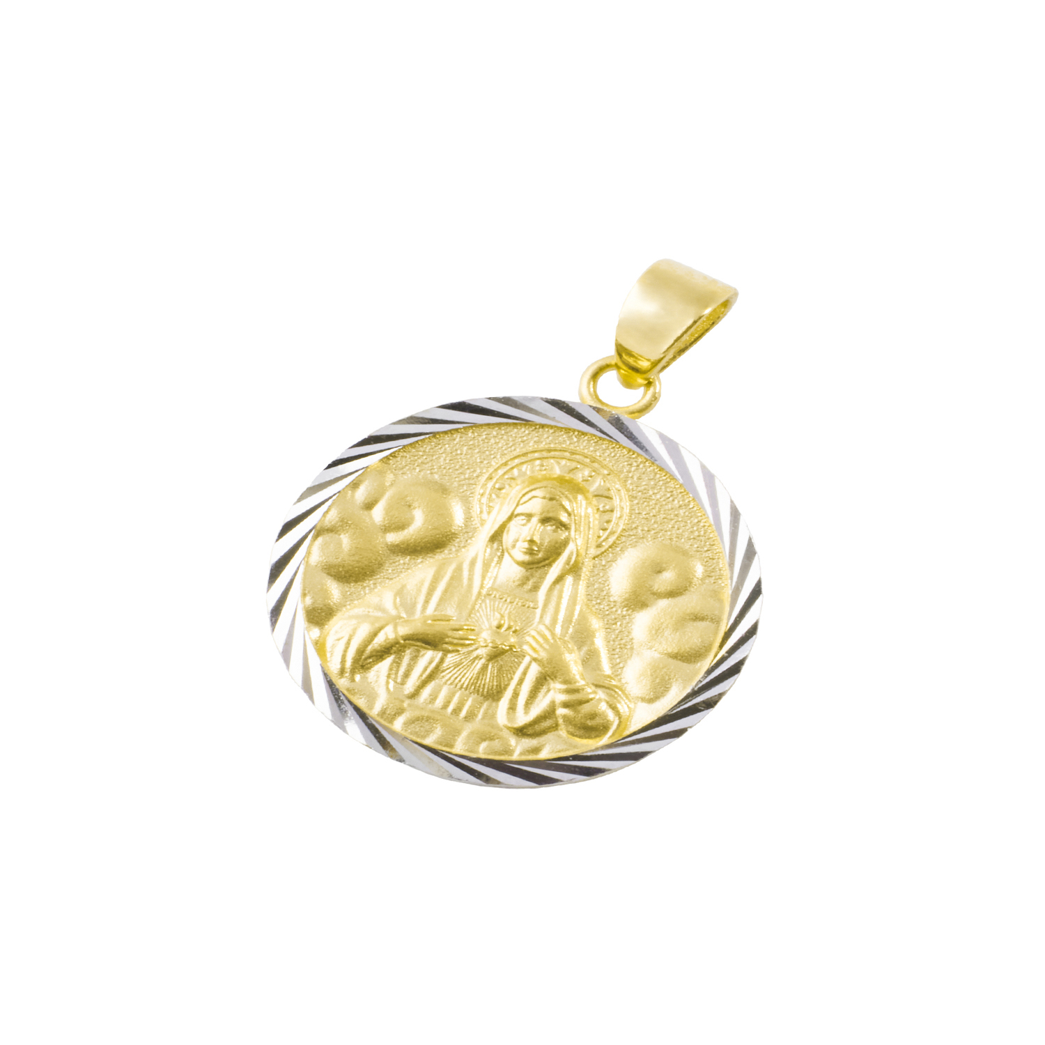 Colgante de Oro 18kt Virgen bisel blanco estriado 1