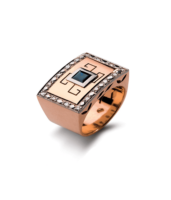 Anillo de Oro Rosado 18kt Modelo Tezca con 16 Diamantes Corte Brillante de 1pts mas Zafiro central de 3x3