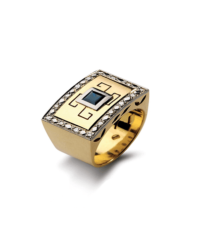 Anillo de Oro Amarillo 18kt Modelo Tezca con 16 Diamantes Corte Brillante de 1pts mas Zafiro central de 3x3