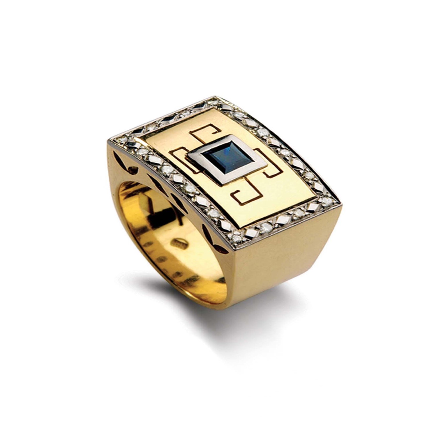 Anillo Oro Amarillo 18kt Modelo Tezca 16 Diamantes 1 pt y Zafiro 3x3 2