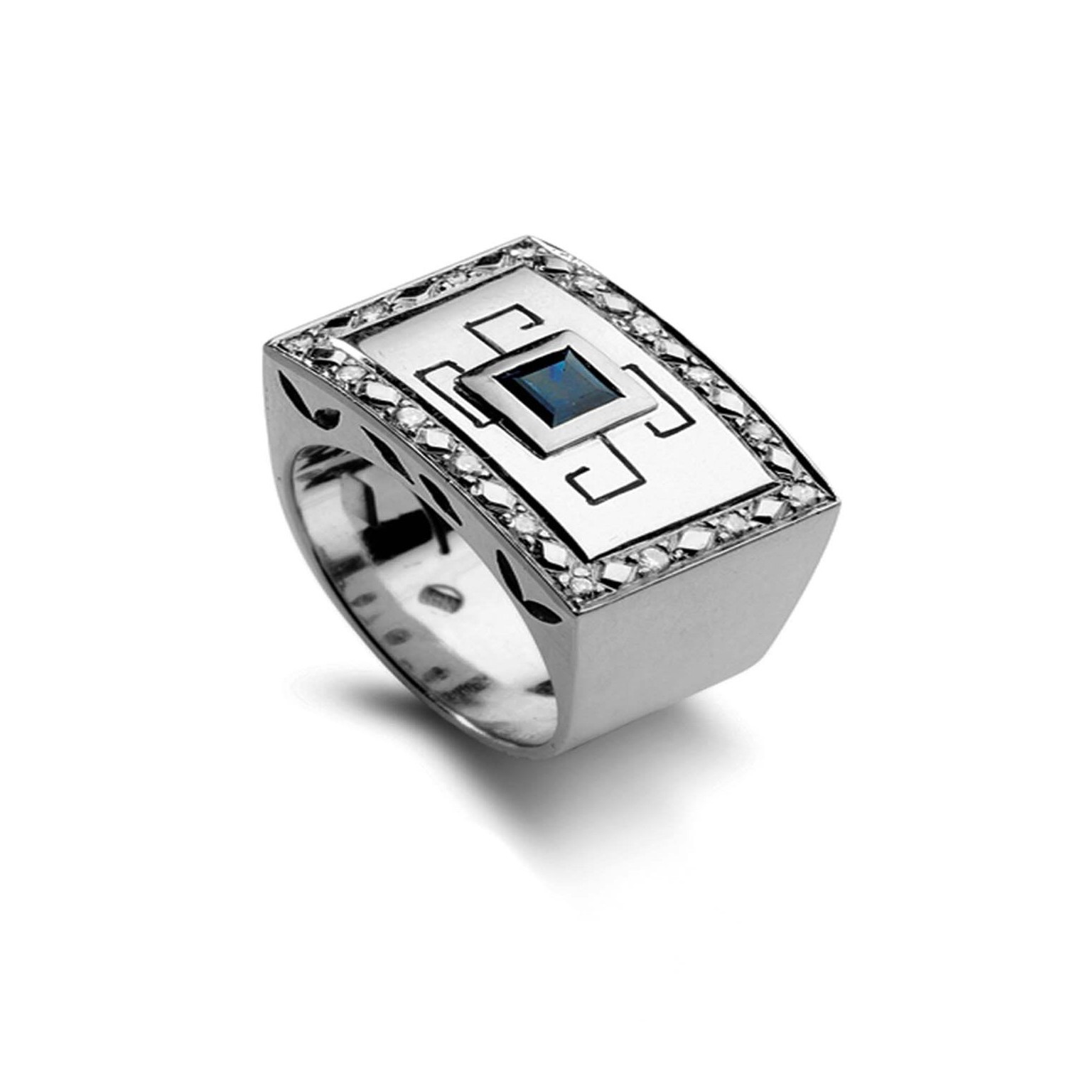 Anillo Oro Blanco 18kt Modelo Tezca 16 Diamantes 1pt y Zafiro 3x3 2