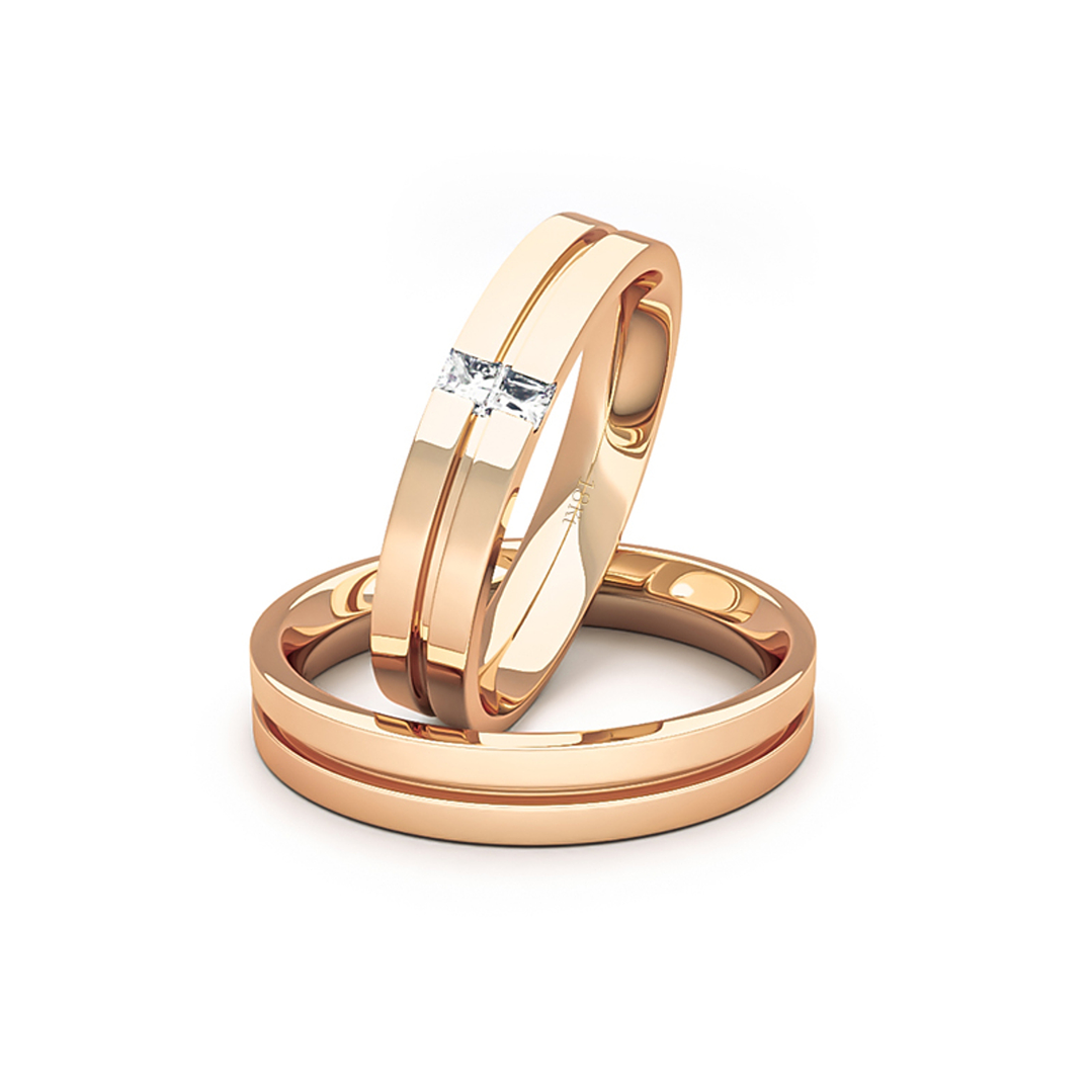 Par Argollas Matrimonio de Oro Miel 18kt con 2 Diamantes de 1,7x1,7mm Corte Princesa Modelo Neo 1