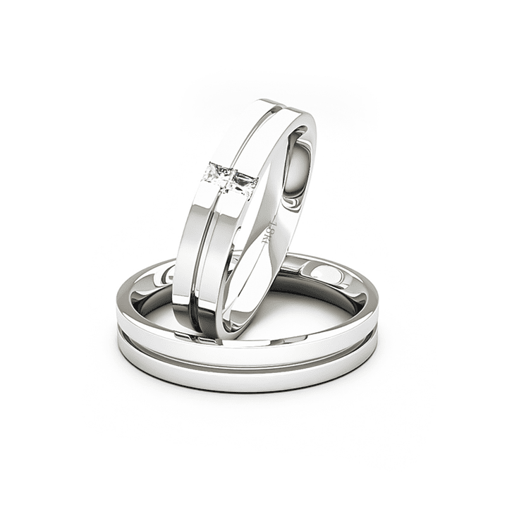 Par Argollas Matrimonio de Oro Blanco 18kt con 2 Diamantes de 1,7x1,7mm Corte Princesa Modelo Neo 1