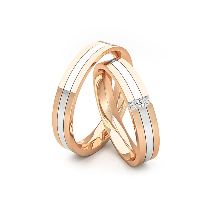 Par Argollas Matrimonio de Oro Miel y Blanco 18kt Vita 2 Diamantes de 1,7 3