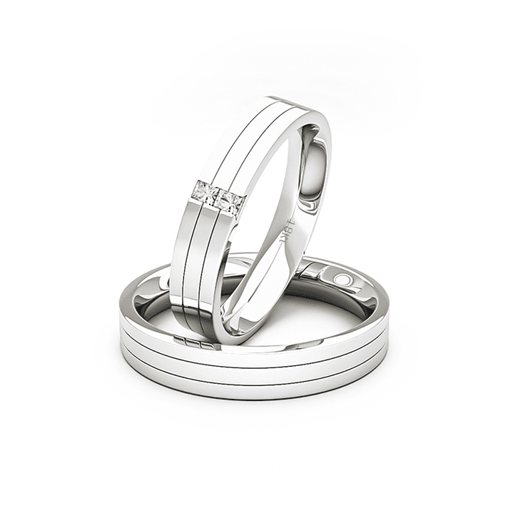 Par Argollas Matrimonio de Oro Blanco 18kt con 2 Diamantes de 1,7x1,7mm Corte Princesa Modelo Vita 1