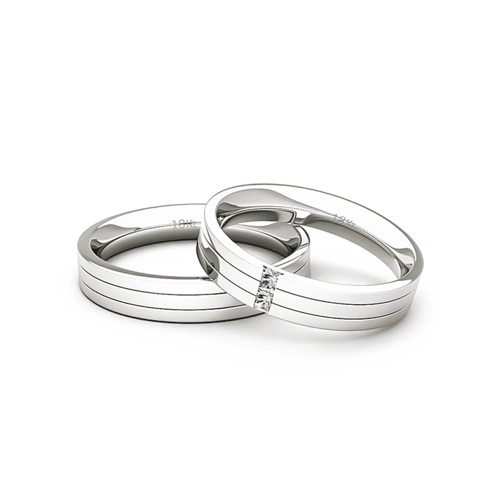 Par Argollas Matrimonio de Oro Blanco 18kt con 2 Diamantes de 1,7x1,7mm Corte Princesa Modelo Vita 2