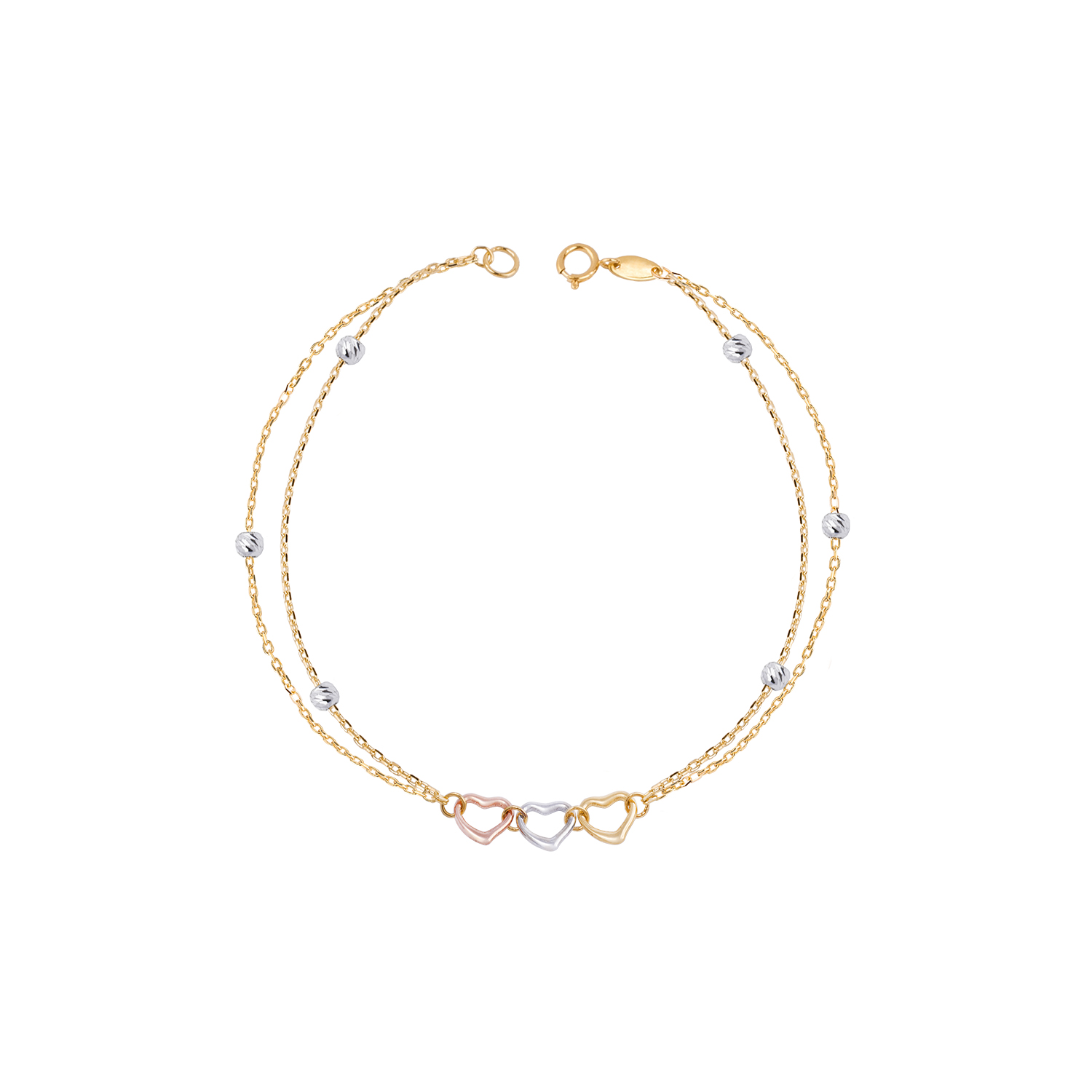 Pulsera de Oro 18kt Corazones Tricolores y Bolitas 1