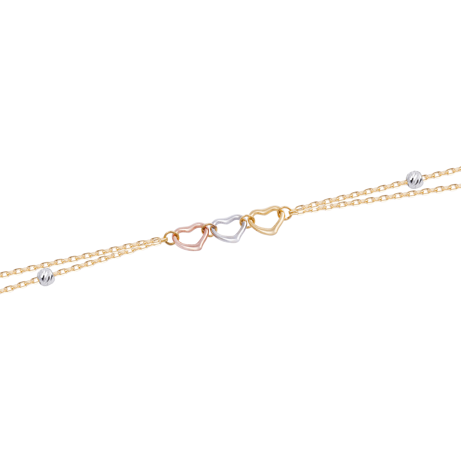Pulsera de Oro 18kt Corazones Tricolores y Bolitas 3