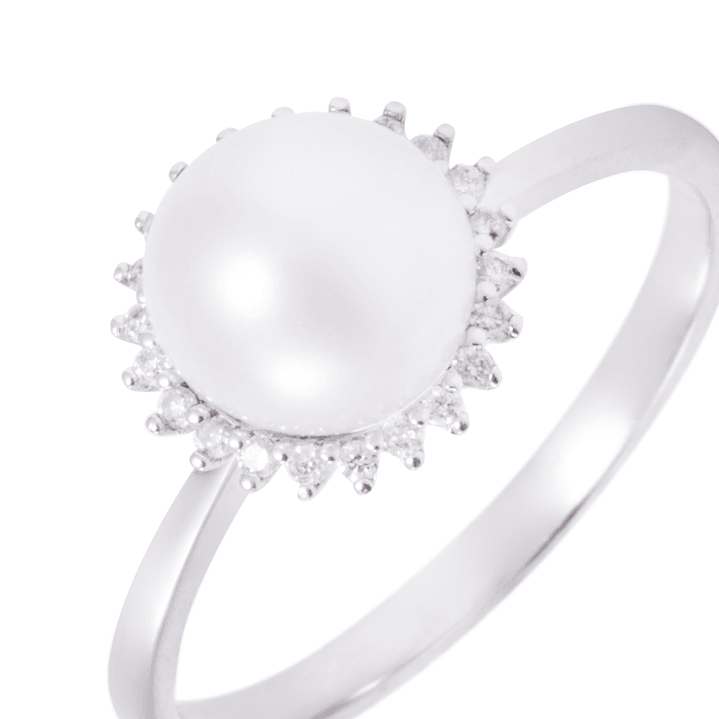 Anillo Oro Blanco 18kt Perla 6 - 8 mm Diamantes 10 Pts 2