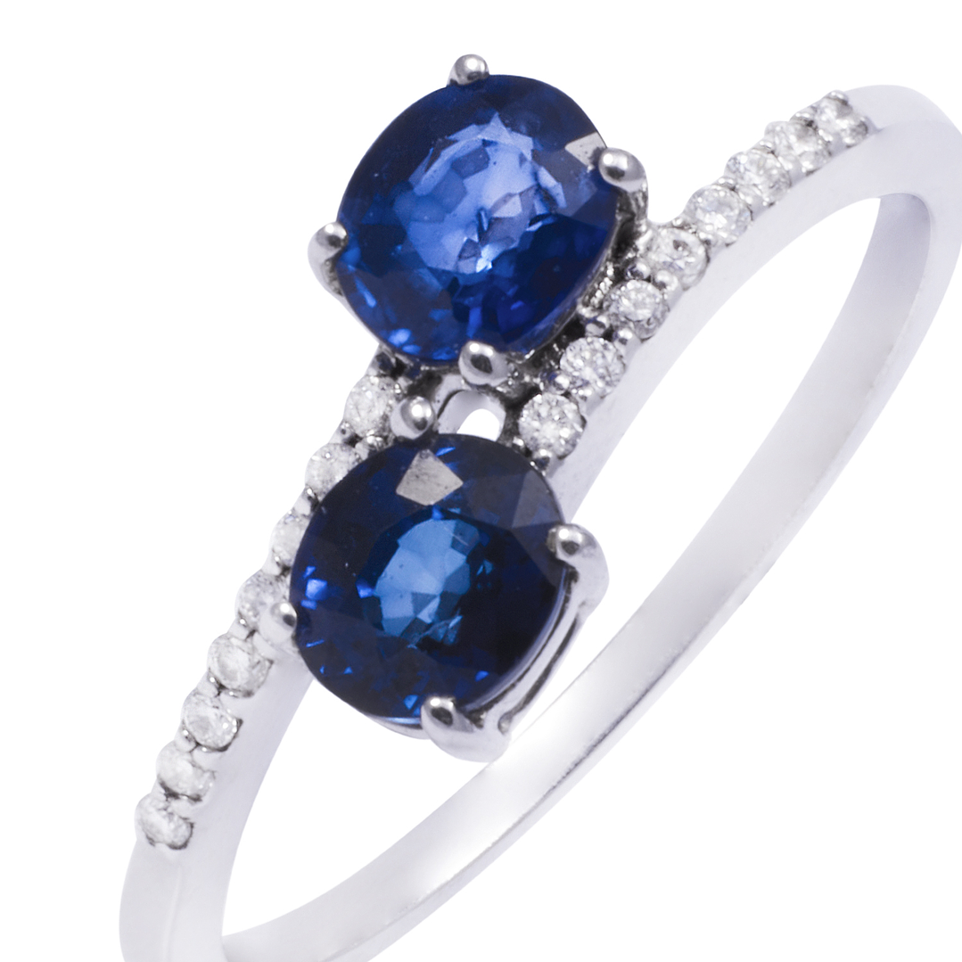 Anillo Oro Blanco 18kt Diamantes 14 Pts y Doble Zafiro 1,48 Pts 2